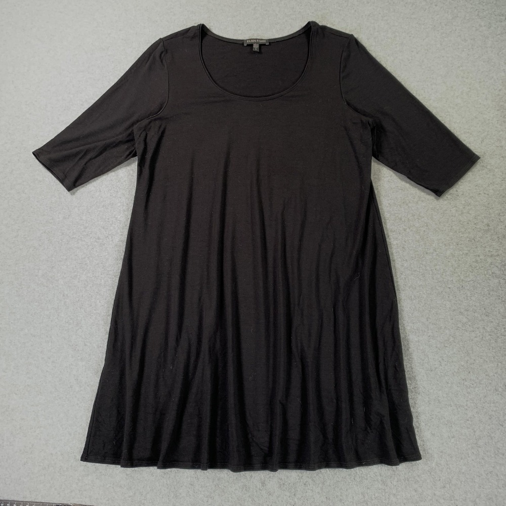 Eileen Fisher Dress Womens Medium Black Jersey Scoop Neck 3/4 Sleeve Knit A-Line